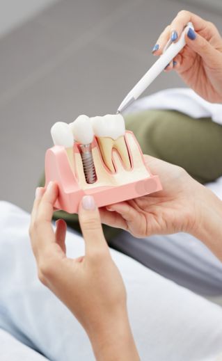 Close up of patient holding a dental implant model